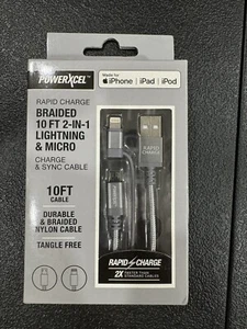 PowerXcel Braided 10 Ft. 2 in 1 8 Pin Connector & Micro USB Charge & Sync Cable - Picture 1 of 2