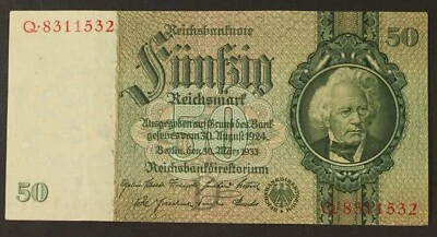 50 REICHSMARK GERMANY REICHSBANKNOTE 1933 (XF) N412 - Image 1 of 3