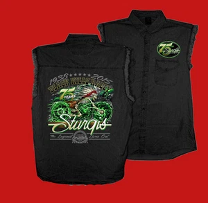 Camisa vaquera Sturgis Motorcycle Rally Skeleton Cycle 2015 negra sin mangas. OK - Imagen 1 de 1