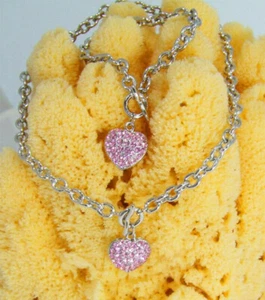 DESIGNER INSPIRED 16 in PINK CRYSTAL PUFFED HEART TOGGLE SILVER JEWELRY SET NEW - Picture 1 of 3