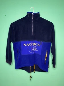 Vintage 1990s Nautica Marine Denim Pull Over Anorak Fleece Pocket Spellout  XXL  - Picture 1 of 12