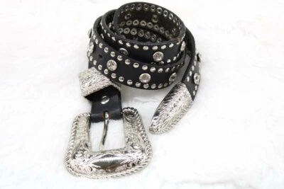 Cinturón de cuero Nacona M tono plateado audaz Western Bling tachuelas de cristal 1" de ancho Foto 1 de 4