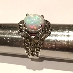 Big oval cabochon Opal Marcasite Statement cocktail Ring Sterling Silver O / P - Picture 1 of 10