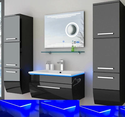 Badmöbel Set schwarz oder weiss hochglanz Kosmetik Badezimmermöbel 130cm LED Uhr - Bild 1 von 4