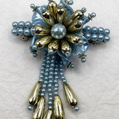 Vtg 80s Hair Clip Beaded Faux Pearl Dangle Blue & Gold Flower Barrette Wedding - Image 1 of 4