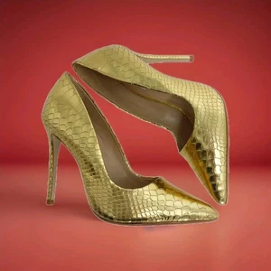 Dune Size 5 Gold Moc Croc High Heels Leather Court Stiletto Party Occasion - Picture 1 of 9