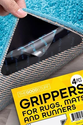 THE GOOD STUFF Four Rug Corner Grippers, Anti Slip Grips for Hardwood Triangles, Black