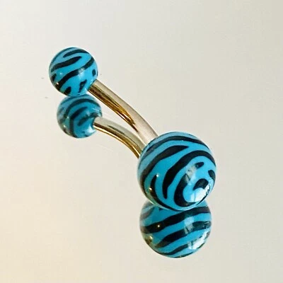 Anillo doble cebra acrílico gema ombligo ombligo ombligo 14G acero inoxidable azul aguamarina Foto 1 de 3