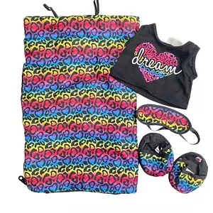 Build a Bear Rainbow Leopard Sleeping Bag Eye Mask Slippers & Sleep Shirt - Picture 1 of 4