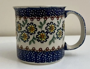 Polish Pottery Yellow Blue Flowers Coffee Tea Cup Mug Made in Poland - Picture 1 of 9