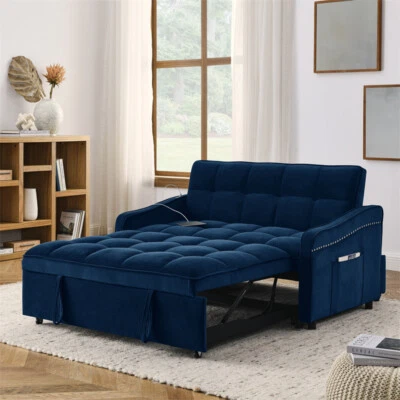 Blue Velvet Loveseat Sofa Bed Pull-out Adjustable Back with TypeC & USB Charging - Image 1 of 4