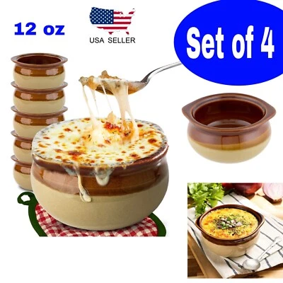 Set of 4 French Onion Soup Crocks 12 oz Brown & Ivory Ceramic Porcelain Bowls - Image 1 of 4