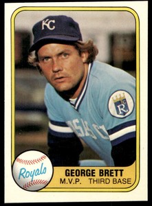 1981 Fleer 28 George Brett M.V.P. Third Base on front Royals Baseball Card