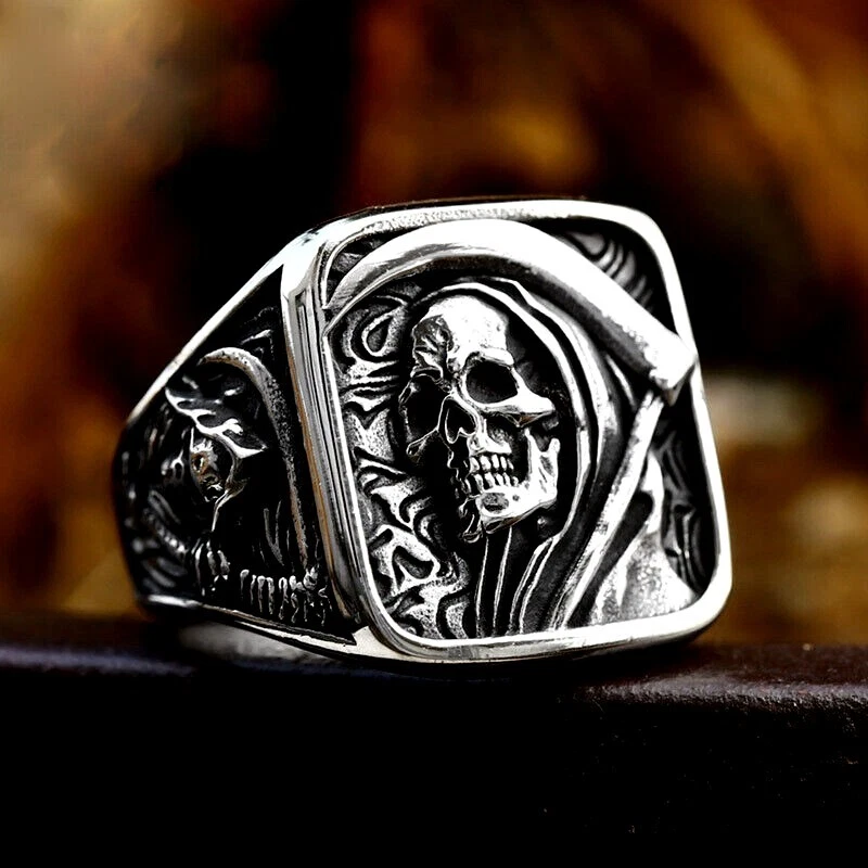 Anillo gótico calavera hoz muerte acero inoxidable para hombre niño calavera motociclista punk anillo Foto 1 de 3