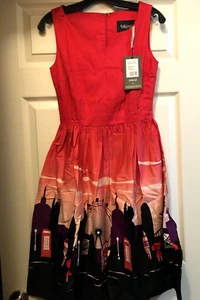 Collectif X Modcloth Dress London Border Print Coral Cotton Size S New - Picture 1 of 3