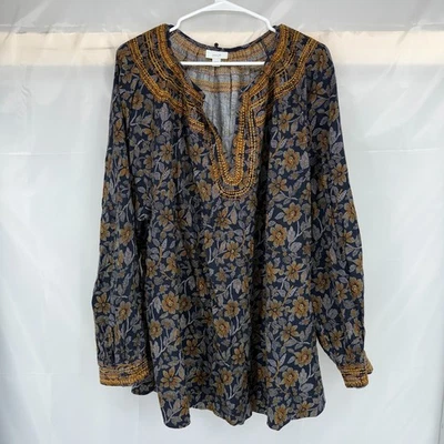 Camisa Blusa Jill Mujer 4X Floral Bordada Azul Marrón Cuello en V Manga Larga Foto 1 de 4