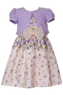 NUEVO Conjunto Cárdigan Vestido Bonnie Jean Niña Talla 14 "MELOCOTÓN LAVANDA FLORAL" Shantung Foto 1 de 3
