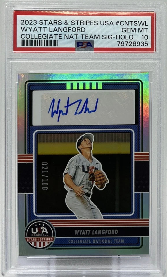 Wyatt Langford Rookie Auto PSA 10 -2023 Panini Stars & Stripes Holo /100 Rangers - Image 1 of 4