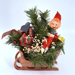 Vintage Knee Hugger Pixie Elf w/ 8" Christmas Sleigh Red Polka Dots Plastic Head - Picture 1 of 9