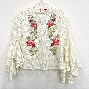 Chelsea & Violet Ivory Cream Boho Embroidered Lace Top with Bell Sleeves - Small - Picture 1 of 12
