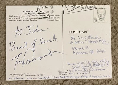Tommy Lasorda HOF Dodgers Autographed Postcard With COA - Image 1 of 4