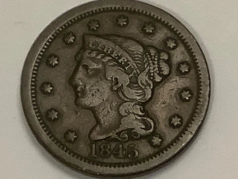 1845. Braided Hair. Large Cent. 100% Copper Cover