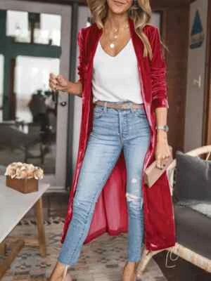 Open Front Red Velvet - Long Sleeve Long Length Coatigan - Size 26/5XL - BNNT - Image 1 of 4