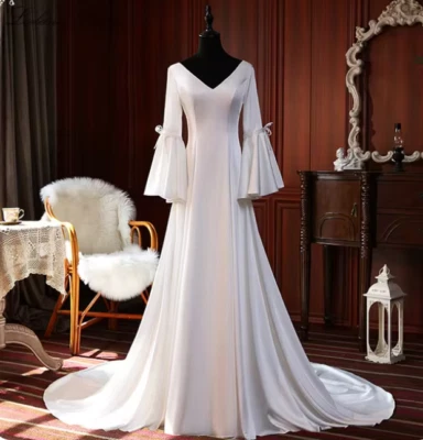 Elegantes Vestidos de Novia Escote en V Línea A Mangas Acampanadas Hasta el Suelo Vestidos de Novia Foto 1 de 4