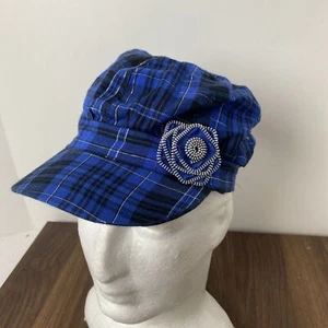 Justice Blue Plaid Hat Cap Glitter Flower Tween Small Fashion - Picture 1 of 9