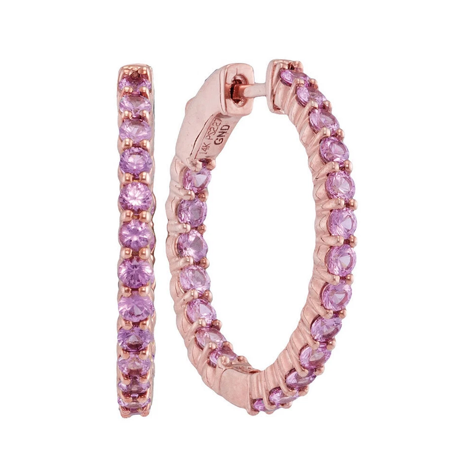 14k Rose Gold Womens Round Pink Sapphire Inside Outside Hoop Earrings 2-1/4 Cttw - Image 1 of 1