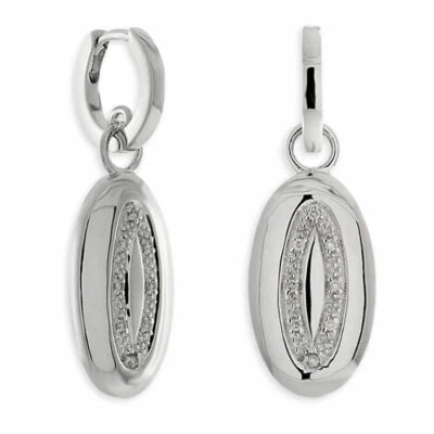 Natural Diamond Oval Disc Dangle Earrings Rhodium Plated ? Sterling Silver - Image 1 of 2
