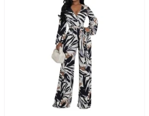 Multicolored Long Sleeve Belted Jumpsuit Size Medium - Picture 1 of 5