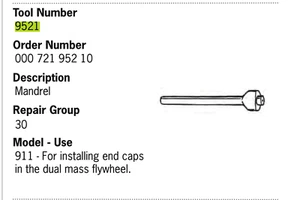 911 porsche tool Factory 9521 Mandrel to install end caps dual mass flywheel - Picture 1 of 7