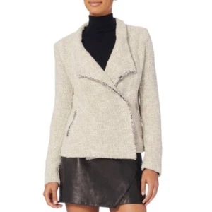 IRO Women's Miraspe Fringe Tweed Wrap Jacket Long Sleeve Tan Cream Size 8 - Picture 1 of 7