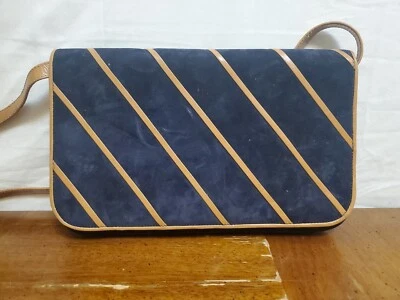 Bolso Bandolera Natale Ferrario Cartera Azul Marino Gamuza Marrón De Colección Italiano Foto 1 de 4