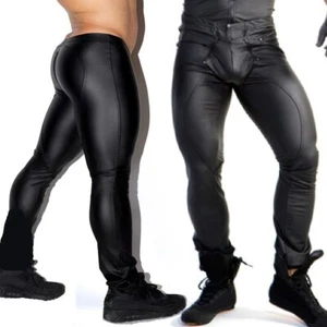 Men PU Leather Legging Wet Look Skinny Pouch Open Pants Trousers Clubwear Tight - Picture 1 of 24