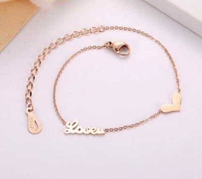 Rose Gold Plated Titanium Stainless Steel Love & Heart Anklet Bracelet 7.5-9.25" - Image 1 of 4