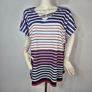 Allison Daley Women's Top Blouse Size 2X Stripe White Blue Red Short Sleeve (04) - Picture 1 of 10