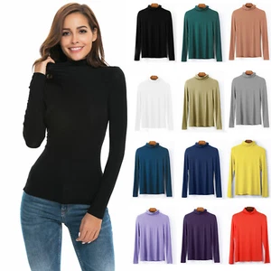 Women Basic Scrunch Turtleneck Tops Stretch Ribbed Knit Long Sleeve Shirt Jumper - Picture 1 of 16