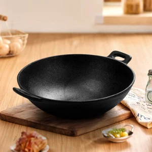 Cast Iron Chinese Wok Pre-Seasoned Frying Pan Deep Stir Fry Skillet with Handle - Picture 1 of 22