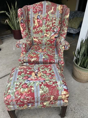 Baker Heritage Chippendale Wing Chair with Matching Ottoman Fabric - Image 1 of 4