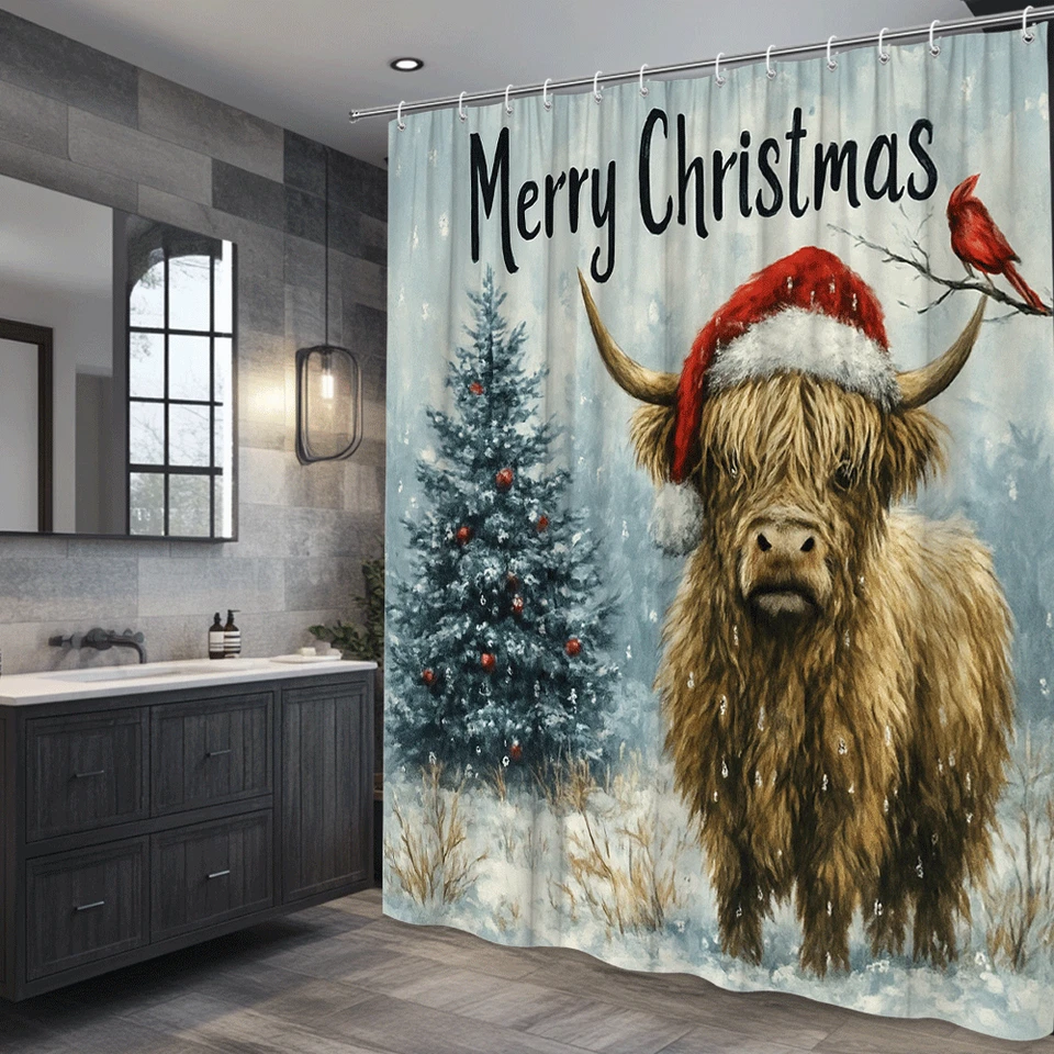 Cortina de ducha Feliz Navidad con vaca Highland y árbol nevado Foto 1 de 4