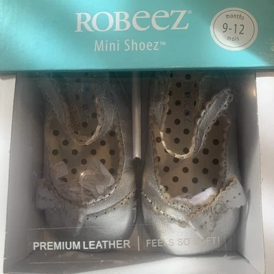 NUEVO CON CAJA NUEVO Robeez Mini Shoez Ms Catherine Plata 100% Cuero Parte Superior 9-12 Meses  Foto 1 de 4