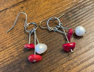 GENUINE PEARL & CORAL ARTISAN EARRINGS - PIERCED EARS - Picture 1 of 3