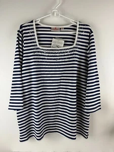 NWT Quacker Factory Blue White Striped Top Size XL Rhinestones 3/4 Sleeve - Picture 1 of 16