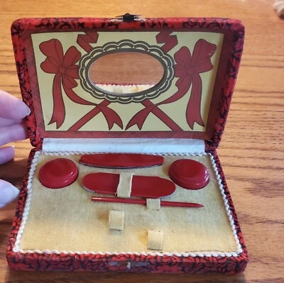 Vintage Nail Kit Made In Japan Flocked Box Mirror Red Not Complete  - Image 1 of 4