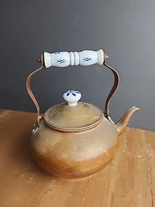 Vintage Copper Tea Kettle Teapot Porcelain Blue And White Handle Lid Knob - Picture 1 of 23