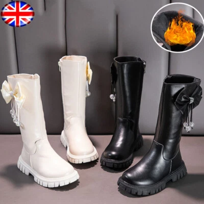 KIDS GIRLS WINTER WARM FUR-LINED BOW OVER THE KNEE FLAT BOOTS BLACK SCHOOL SHOES - Image 1 of 4