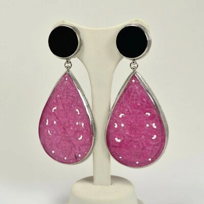 ORECCHINI IN ARGENTO 925 CON DISCO IN ONICE E GIADA FUCSIA AGHT 0683 - Immagine 1 di 3