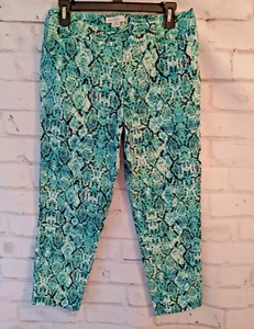 Liz Claiborne Stretchy Ankle Pants Sz 10 Crop Snake Reptile Teal Black All Over - Picture 1 of 7